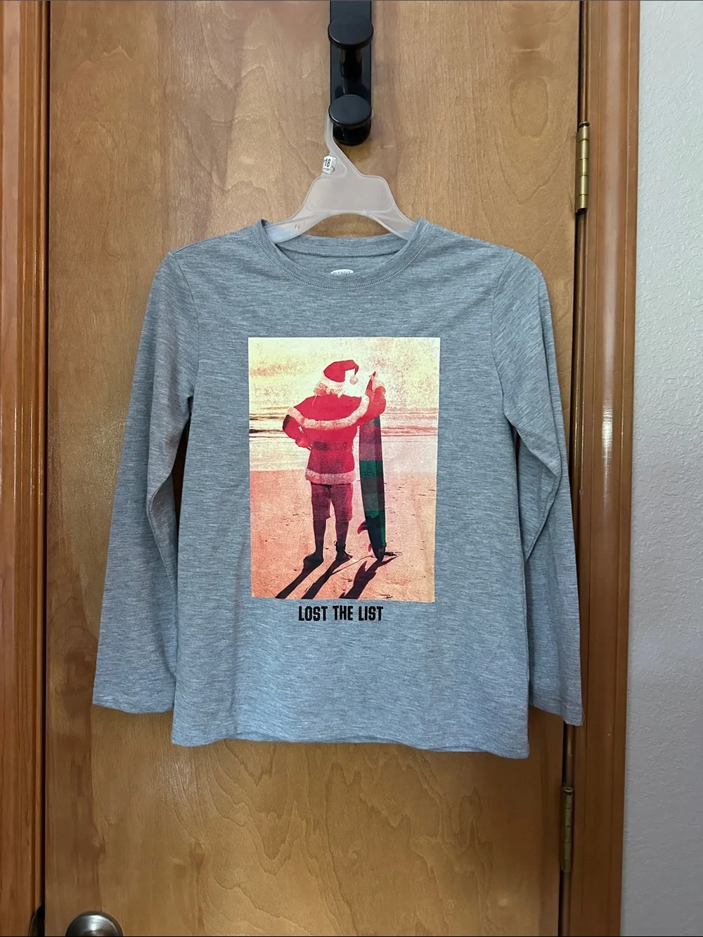 Old Navy 10-12 Grey Long-Sleeve Tee with Surfing Santa Graphic